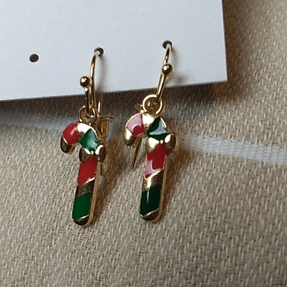 Hypoallergenic Metal Christmas Earrings Candy Cane in Gold, Red & Green - Picture 7 of 7